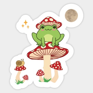 Kiki The Frog, Cute frog with a hat mushroom on a mushroom in the forest -Sticker style- Sticker